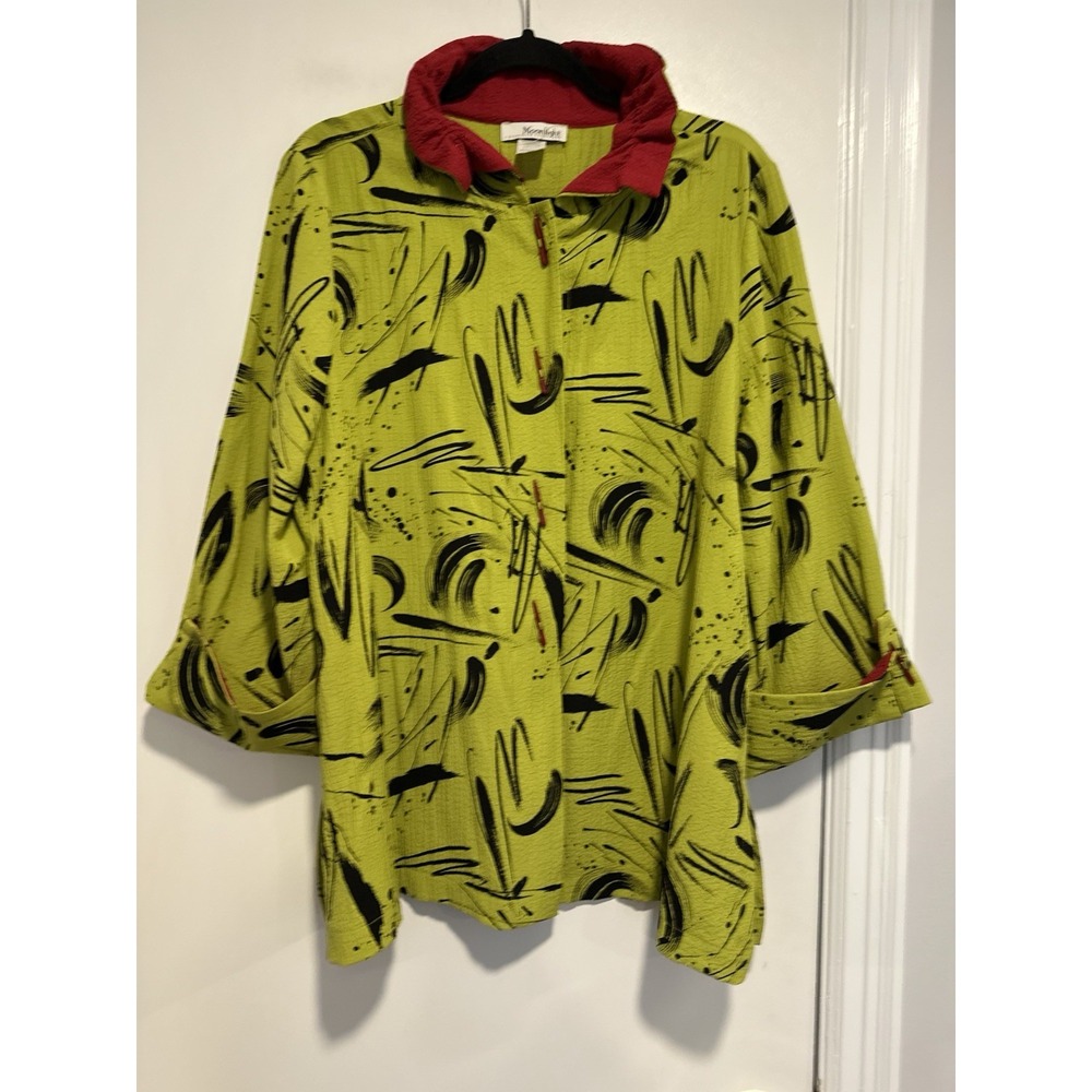 Moonlight Sz:L Bright Lime Green/red Abstract painterly Crinkled Boxy Top Jacket